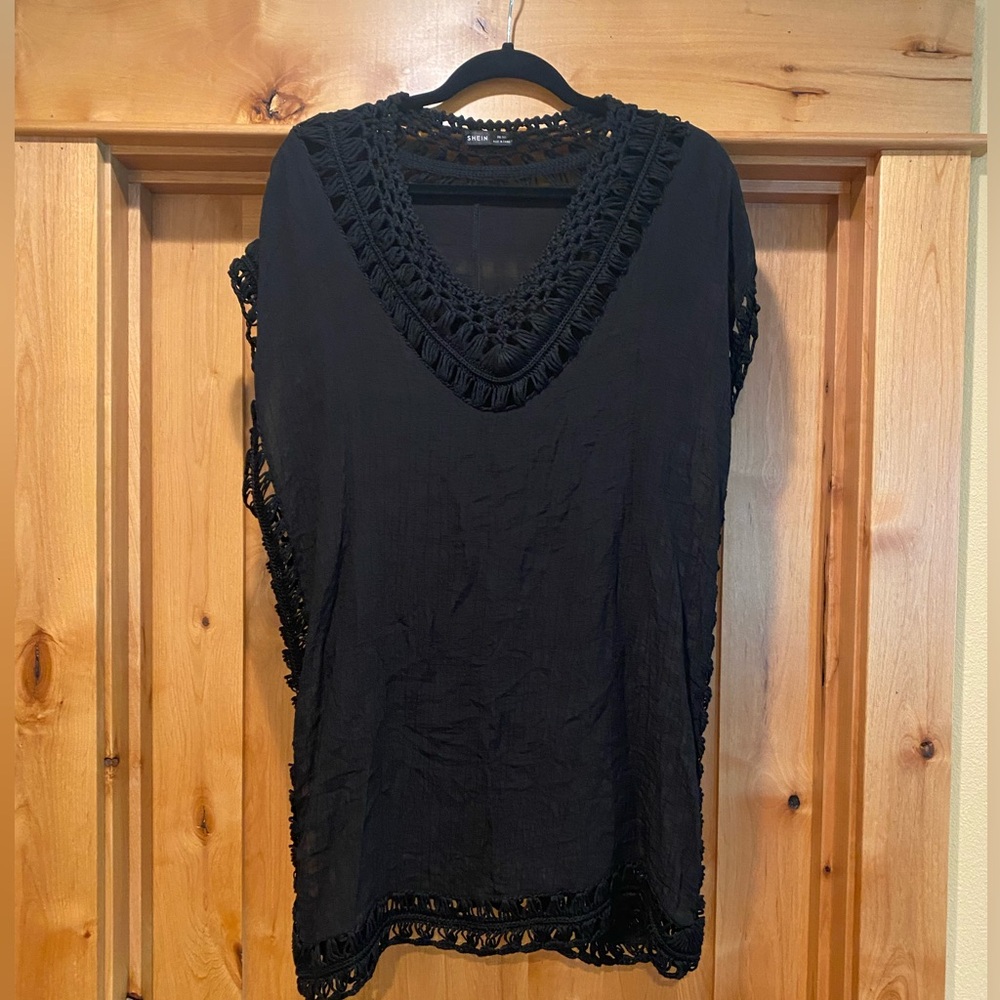 SHEIN SWIMSUIT BEACH COVER gauze like front/back, crotchet sides, collar, bottom